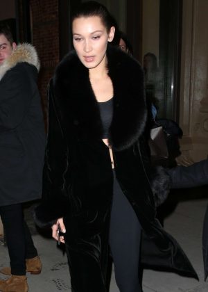 Bella Hadid in Black Fur Coat out in New York City