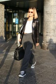 Bella Hadid in Black Leather Blazer - Arrives in Milan