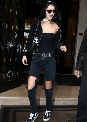 Bella Hadid in Black Ripped Jeans out in Paris