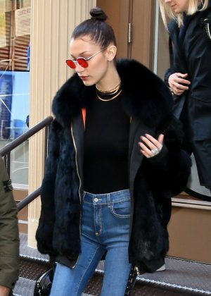 Bella Hadid in Fur Coat and Jeans out in New York