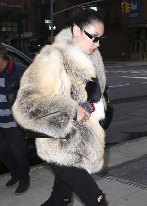 Bella Hadid in Fur Coat out in New York City