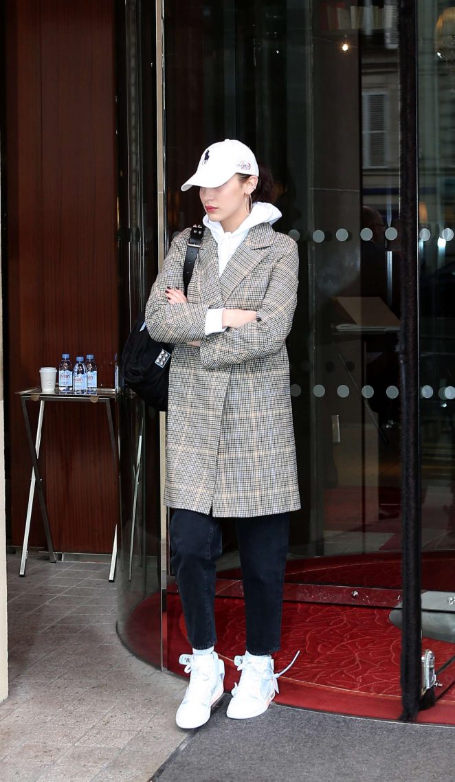 Bella Hadid in Grey Coat - Leaving her hotel in Paris