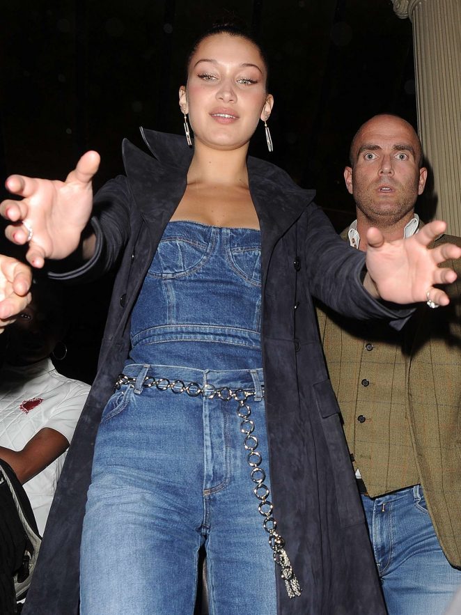 Bella Hadid in Jeans Jumpsuit at her hotel in London