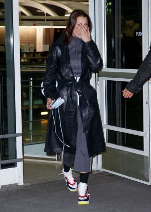 Bella Hadid in Leather Coat - Arriving at JFK airport in NYC