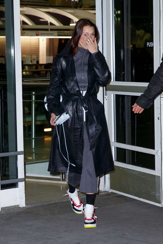 Bella Hadid in Leather Coat - Arriving at JFK airport in NYC