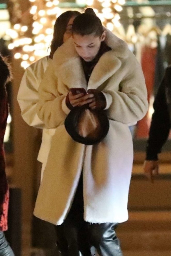 Bella Hadid in Long Fur Coat out in Aspen