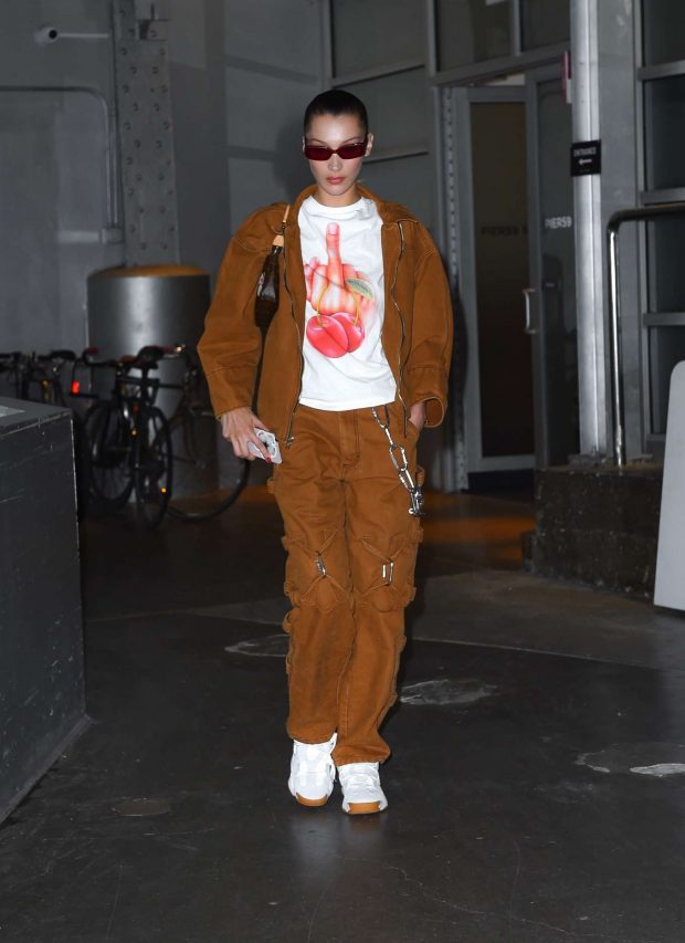 Bella Hadid in Matching Brown Outfit - Leaves a studio in New York