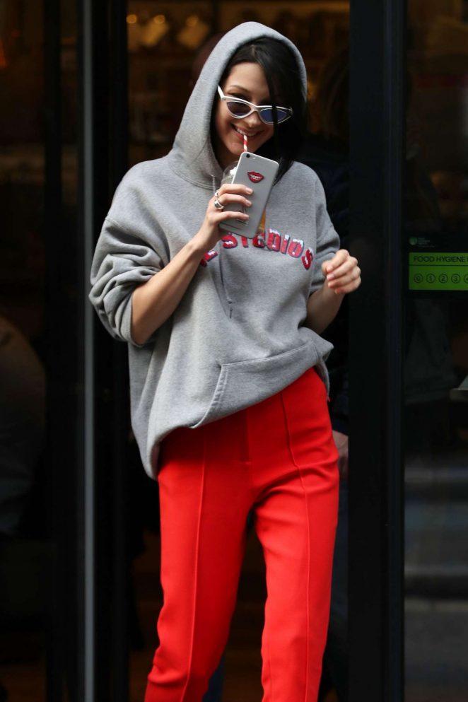 Bella Hadid in Red Pants Out in London
