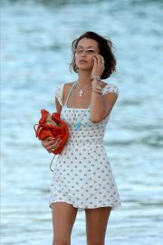 Bella Hadid in Short Dress - Walking on the beach in St. Barts