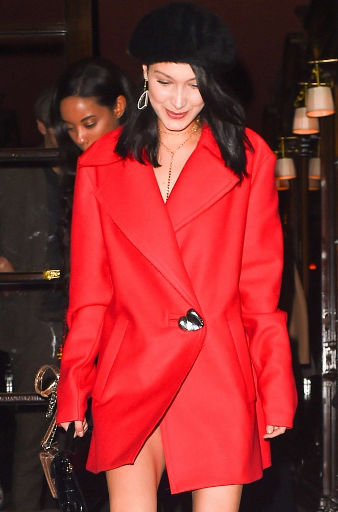Bella Hadid in Short Red Coat out in Paris
