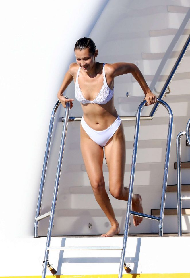 Bella Hadid in White Bikini on a Yacht in Cannes