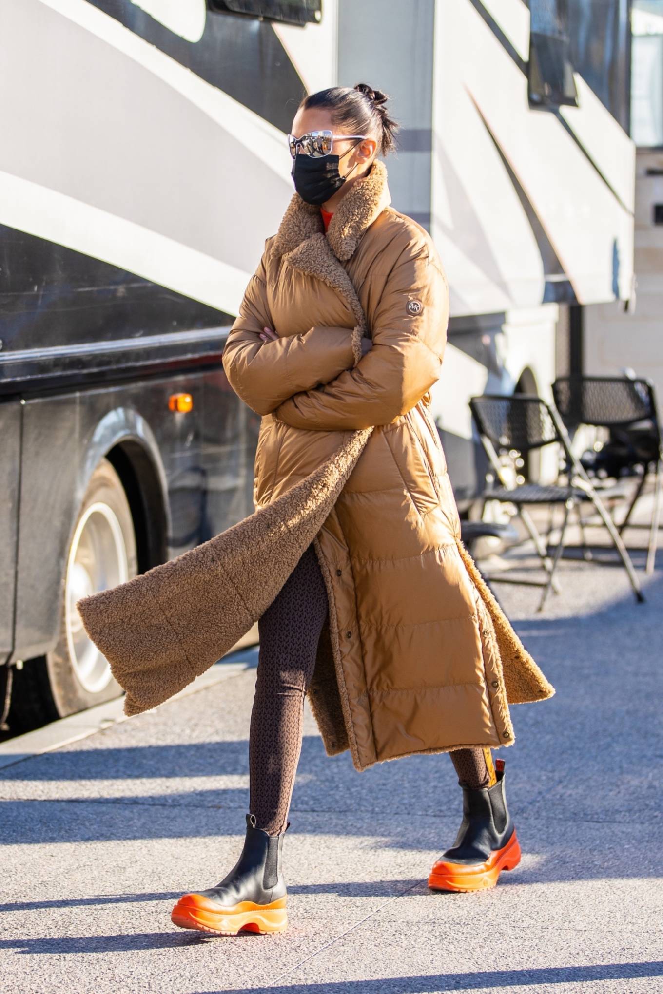 Bella Hadid - Out in a winter coat on set of a Michael Kors campaign-04 ...