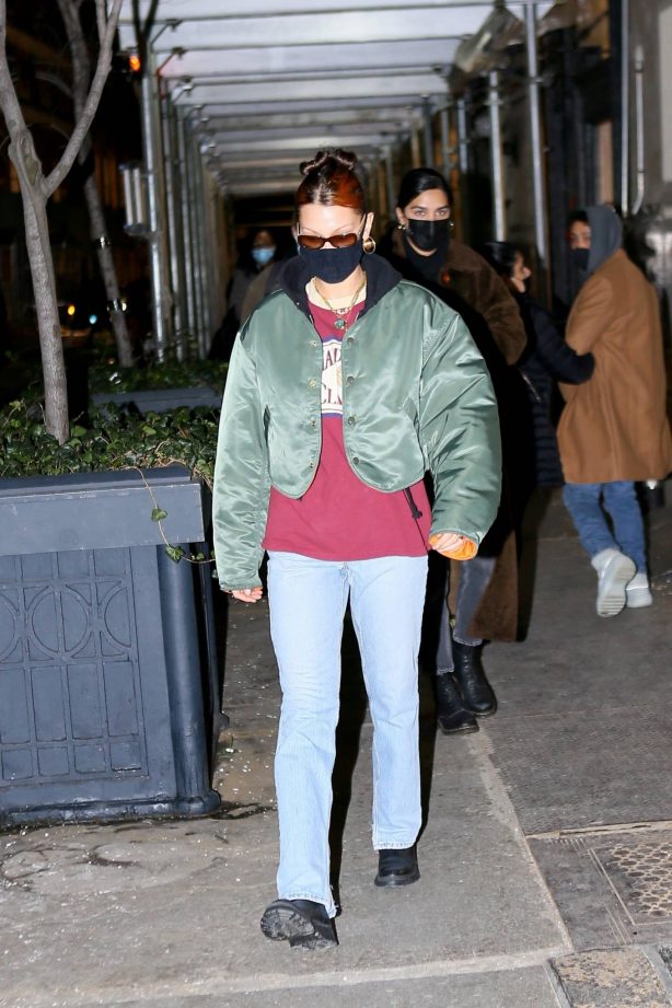 Bella Hadid - Spotted in Alpha Industries jacket at night out in New York City