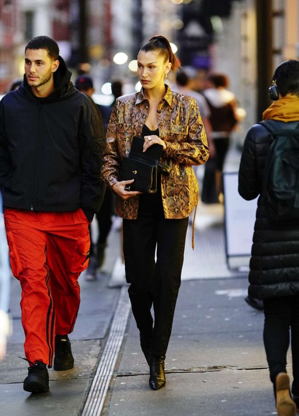 Bella Hadid - Wearing a snakeskin jacket out in New York