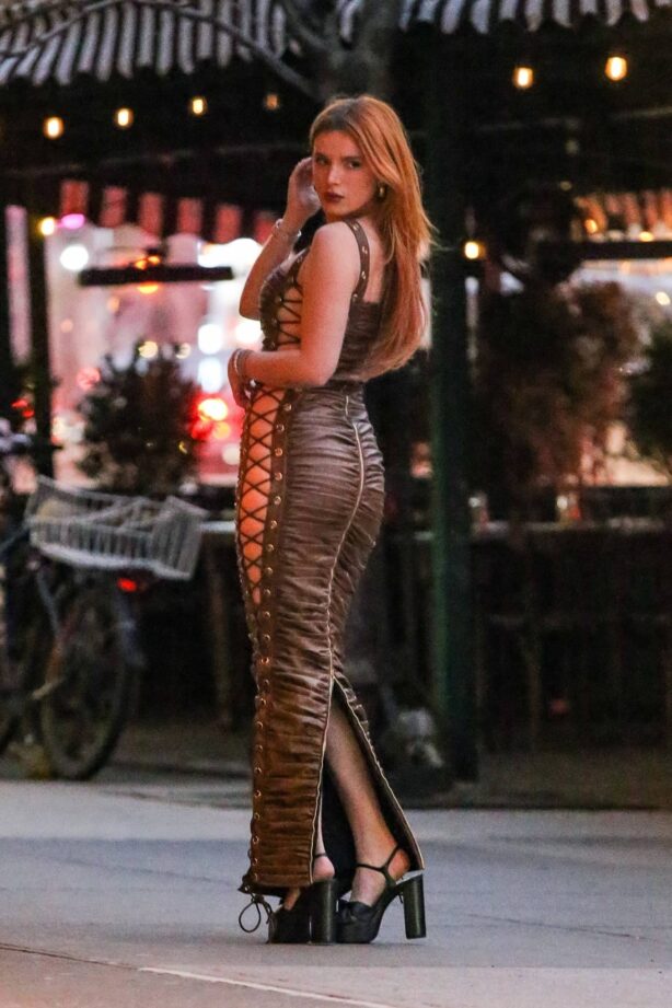 Bella Thorne - In a long brown satin dress out in New York