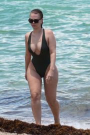Bianca Elouise in Black Swimsuit on the beach in Miami