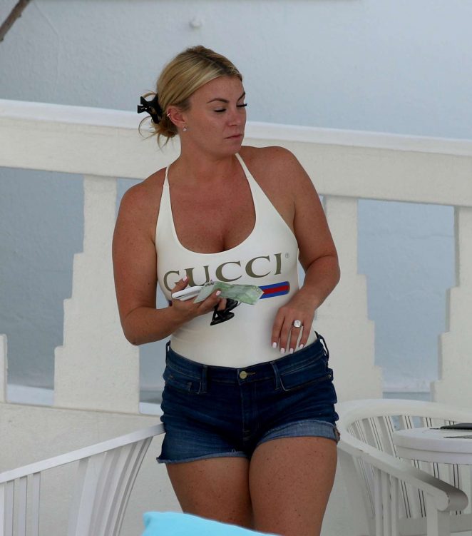 Billi Mucklow in Jeans Shorts and Swimsuit in Ibiza