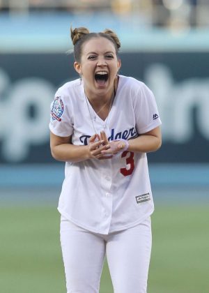 Billie Lourd throws out the 1st pitch at Dodger Stadium in Los Angeles