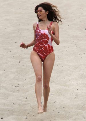 Blanca Blanco in Red Swimsuit on the Beach in Malibu