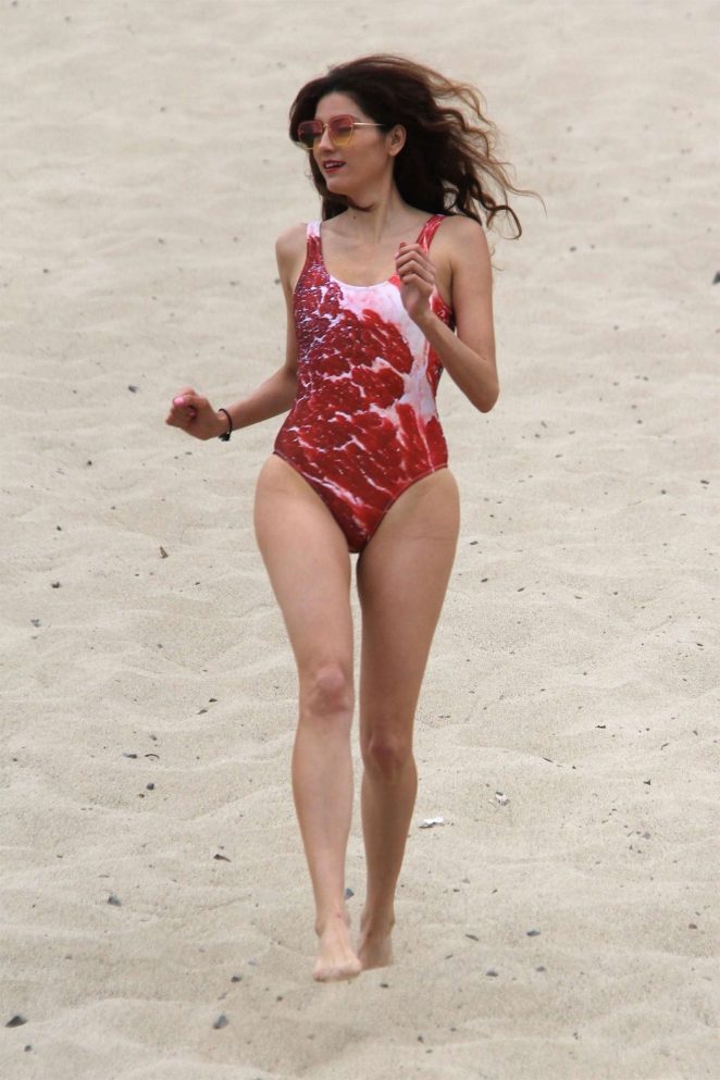 Blanca Blanco in Red Swimsuit on the Beach in Malibu