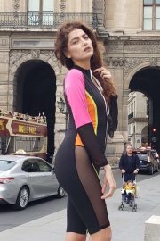 Blanca Blanco - Wearing a black and neon color bodysuit in Paris