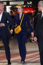 Brie Larson in a navy pantsuit out in New York