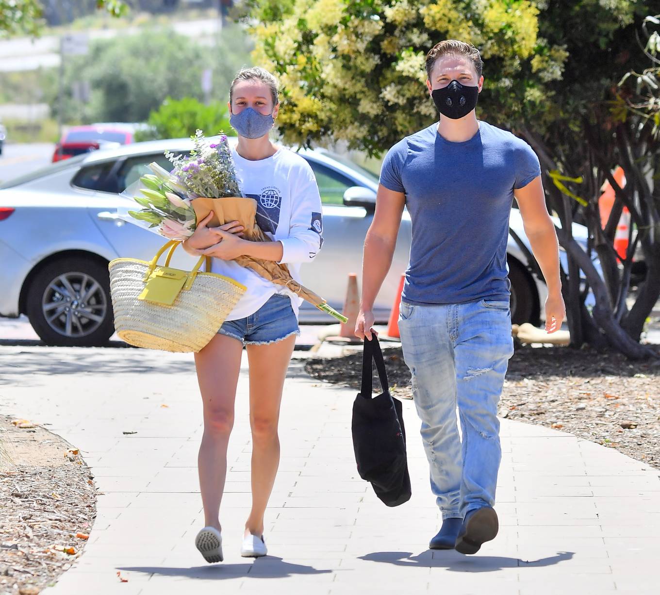 Brie Larson in Denim Shorts â€“ Shopping for flowers at a farmerâ€™s market in Malibu