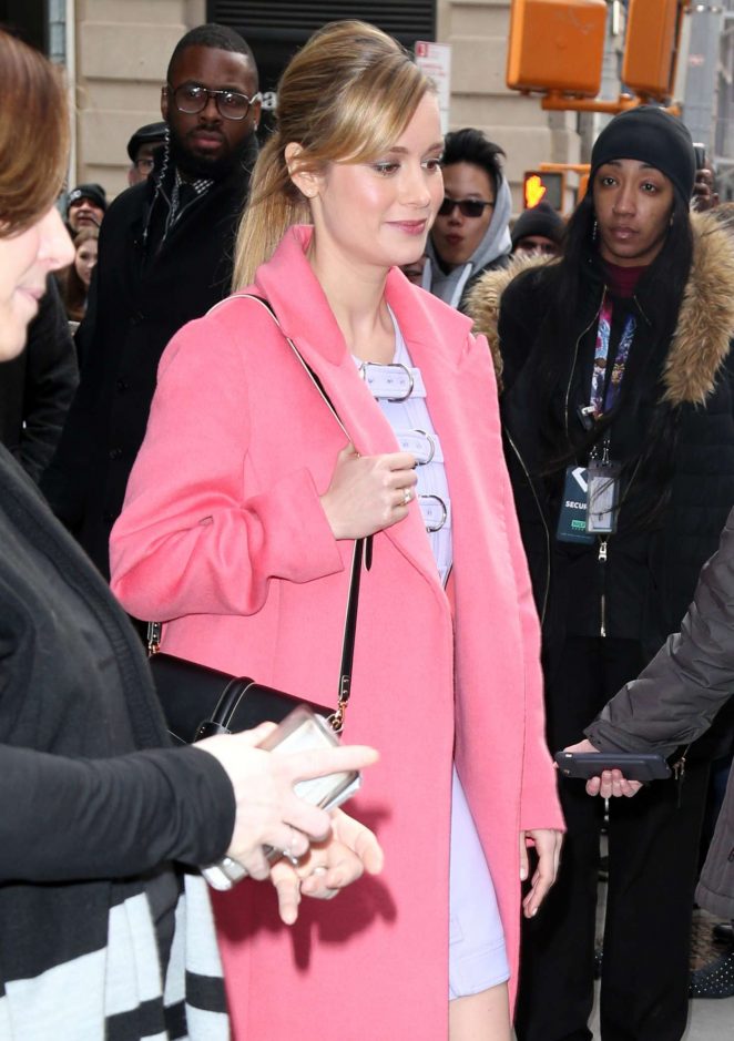 Brie Larson in Pink Coat Leave AOL Build in New York City