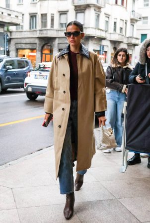 Bruna Marquezine - In Milan during Fashion Week sporting a Bottega Veneta coat and bag