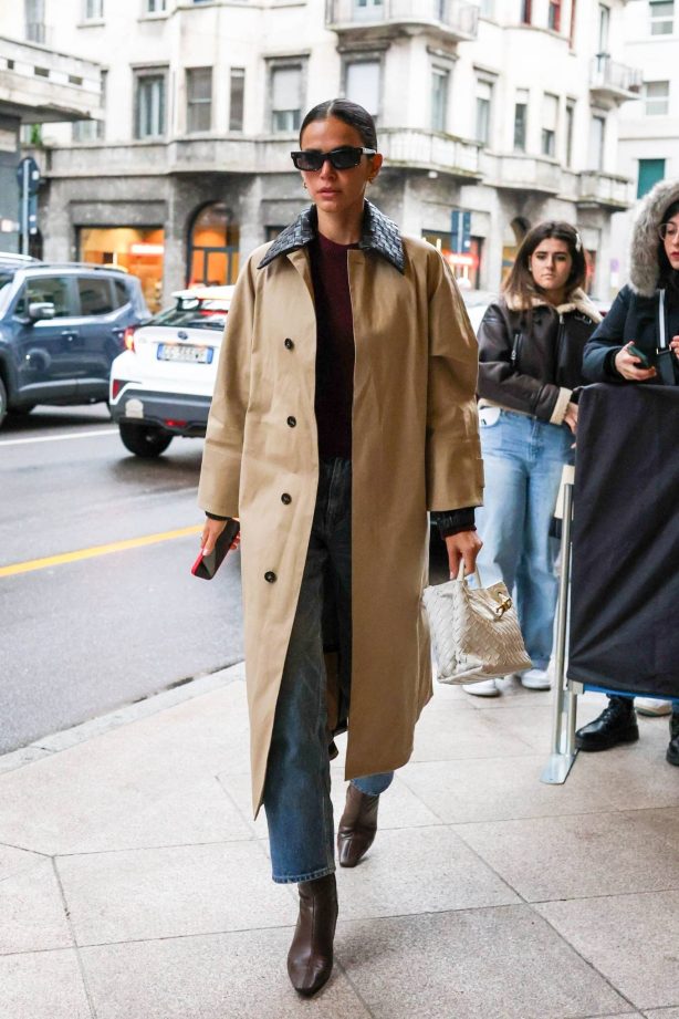 Bruna Marquezine - In Milan during Fashion Week sporting a Bottega Veneta coat and bag