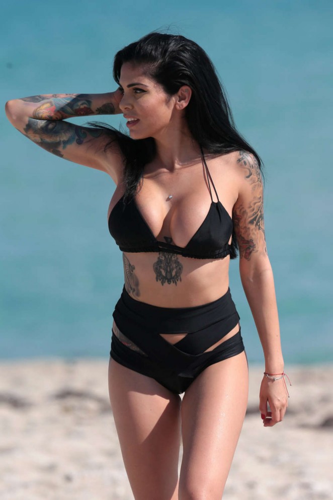 Cami Li in Black Bikini on Miami Beach