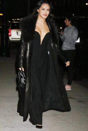 Camila Mendes - Wearing leather coat with a black dress on the streets of New York