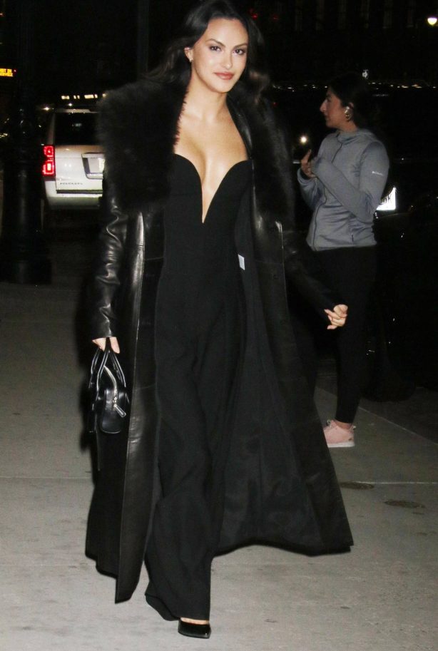 Camila Mendes - Wearing leather coat with a black dress on the streets of New York