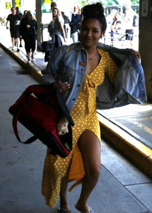 Candice Patton in Yellow Dress - Arives in Vancouver