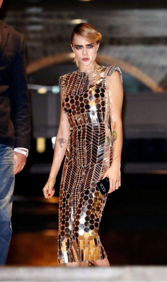 Cara Delevingne in Gold Metallic Dress at Samsung Space Selfie launch in London