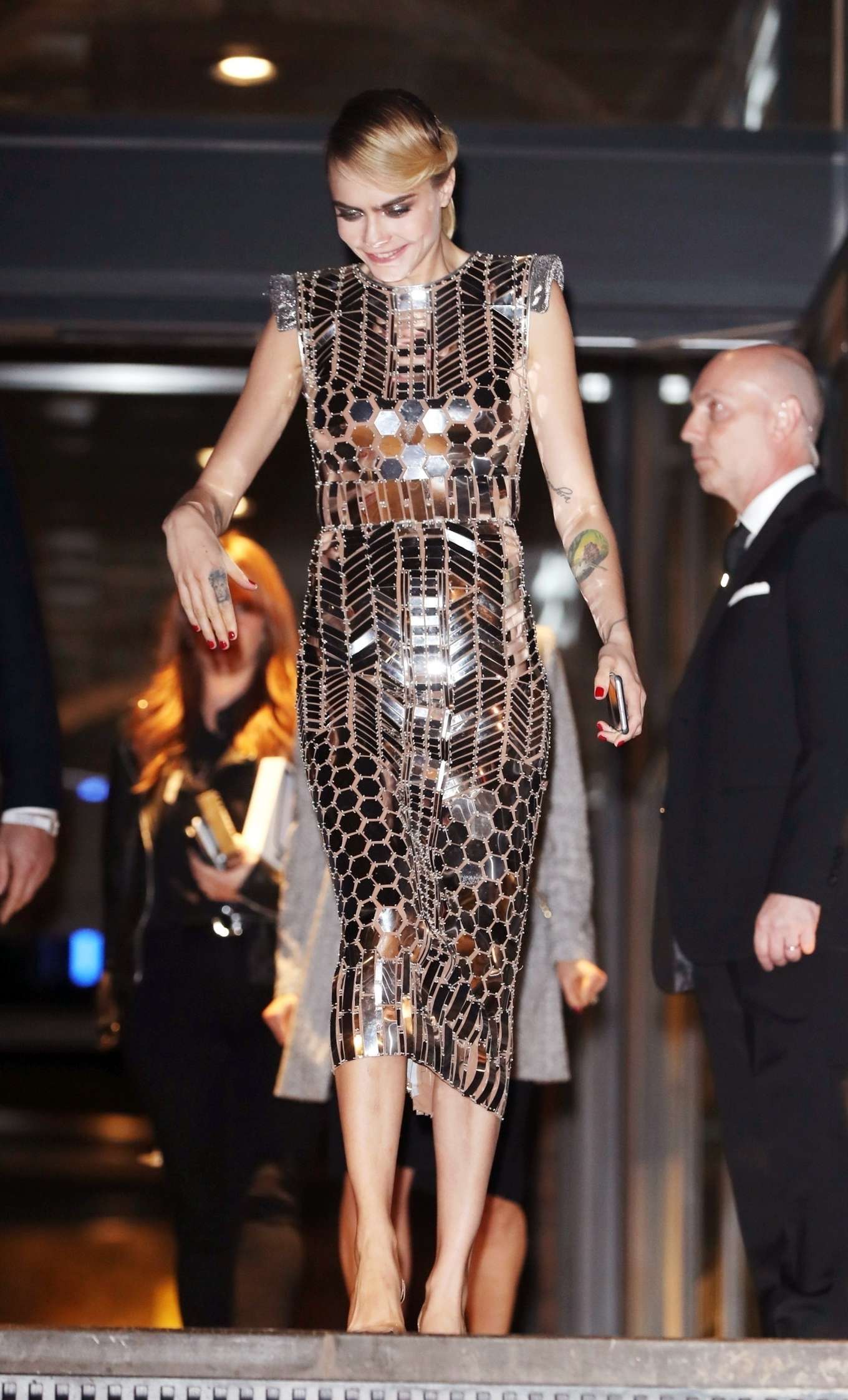 Cara Delevingne in Gold Metallic Dress-14 | GotCeleb