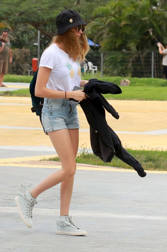 Cara Delevingne in Jeans Shorts at a Rio de Janeiro Heliport