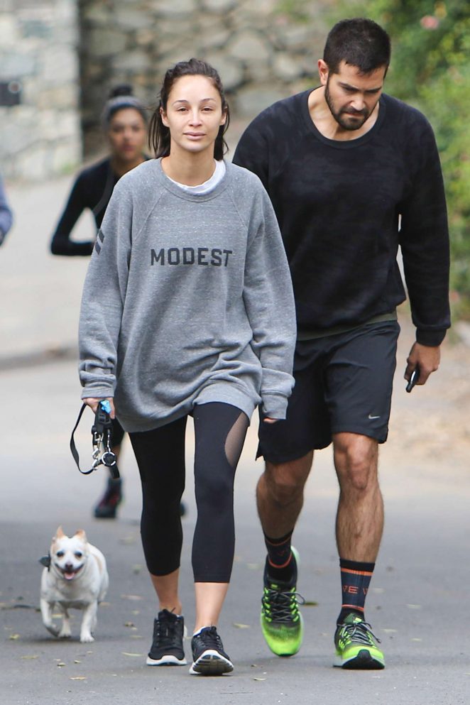 Cara Santana and Jesse Metcalf walking their dog in Los Angeles