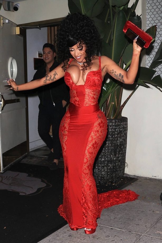 Cardi B - Wearing red dress on her 31st birthday at Delilah in West Hollywood