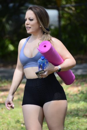 Carmen Valentina in Tiny Shorts and Sports Bra - Workout at Park in Miami
