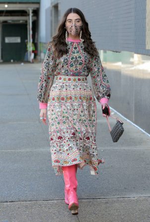 Caroline Vazzana - In a floral dress with pink boots at Rebecca Minkoff at Spring Studios