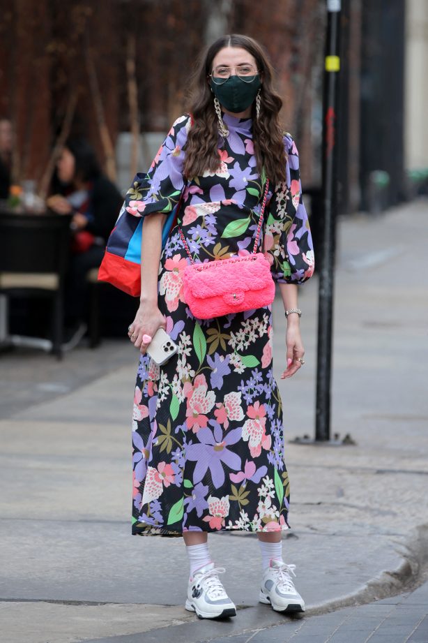 Caroline Vazzana - Is seen in a neon floral dress in New York