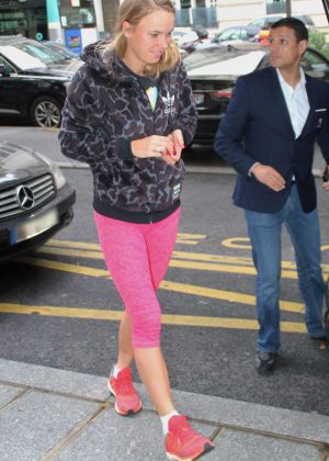 Caroline Wozniacki in Pink Tights - Leaves her hotel in Paris