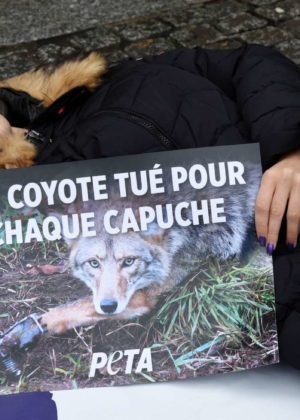 Cassandra Foret - With PeTA Animal rights activists protest against Canada Goose Company in Paris