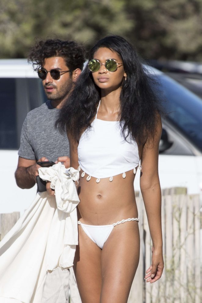 Chanel Iman in Bikini Leaves a beach club in Ibiza