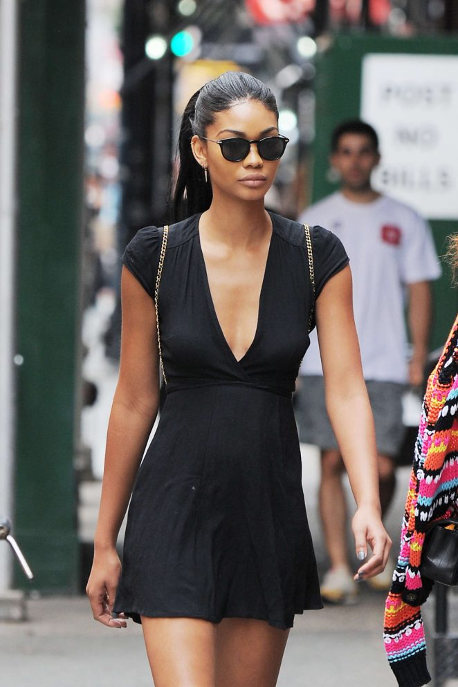 Chanel Iman in Black Mini Dress out in NYC