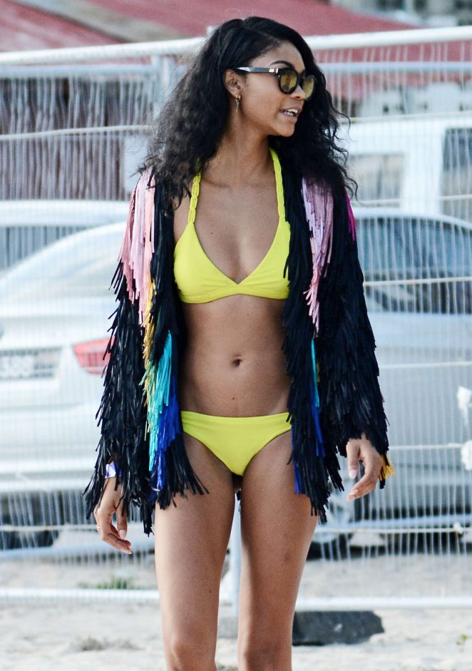 Chanel Iman in Yellow Bikini on the beach in Barbados