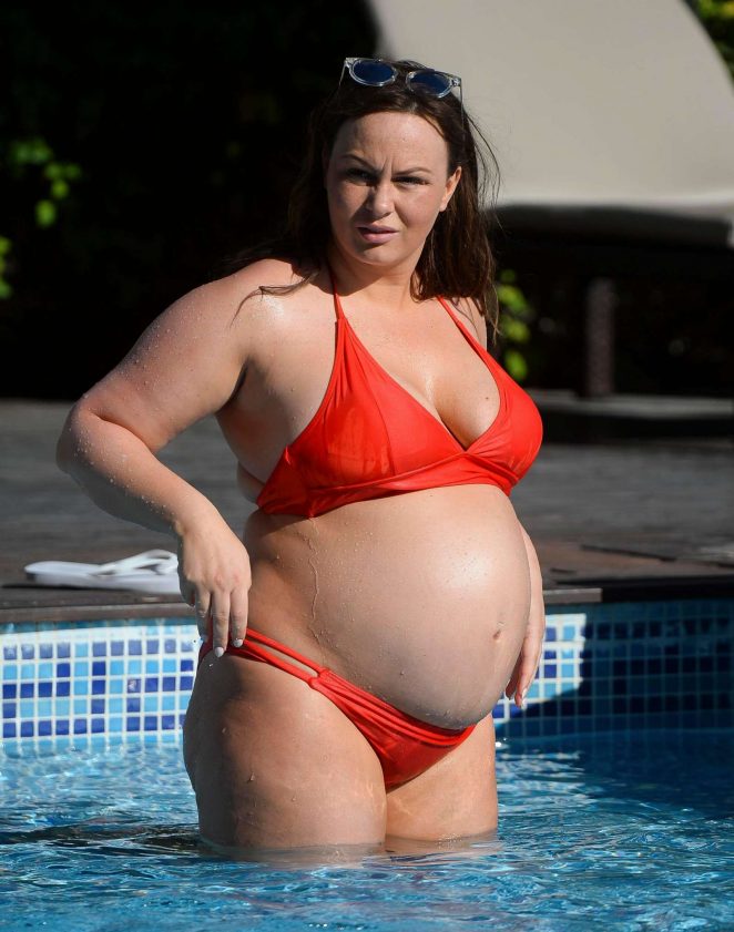 Chanelle Hayes in Red Bikini at a pool in Marbella