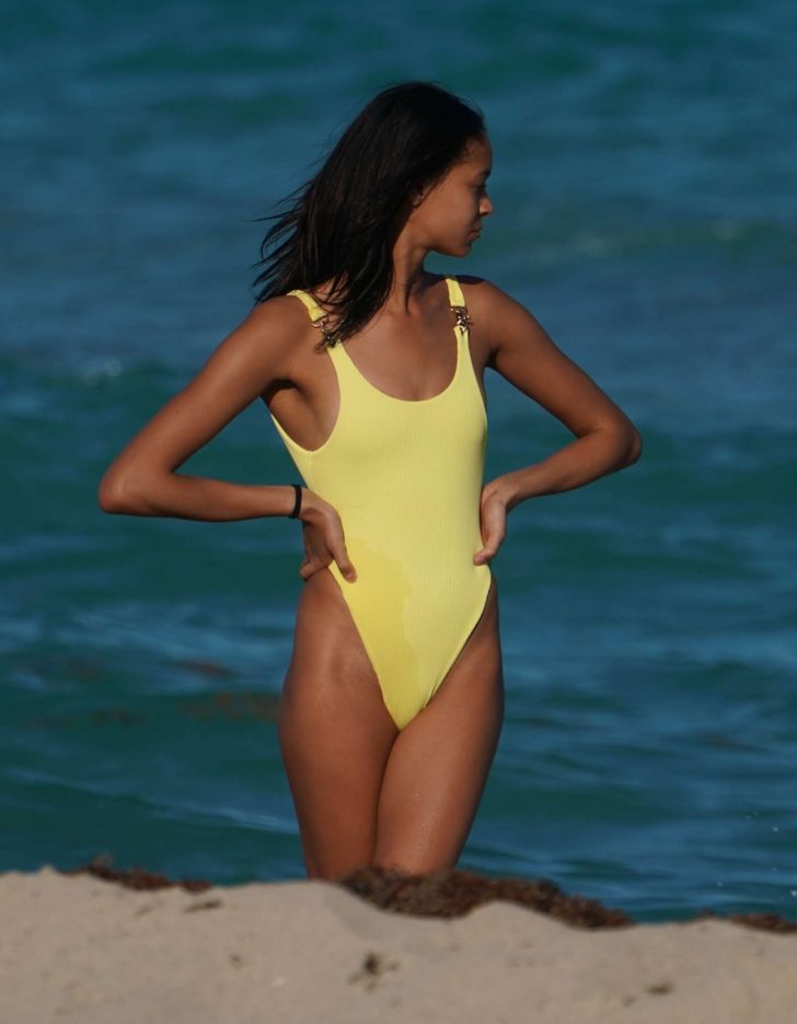 Chantal Monaghan in Yellow Swimsuit at the beach in Miami
