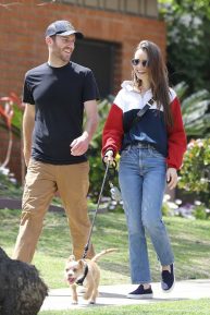 Charlie McDowell with Lily Collins - Taking their dog for a walk in Beverly Hills